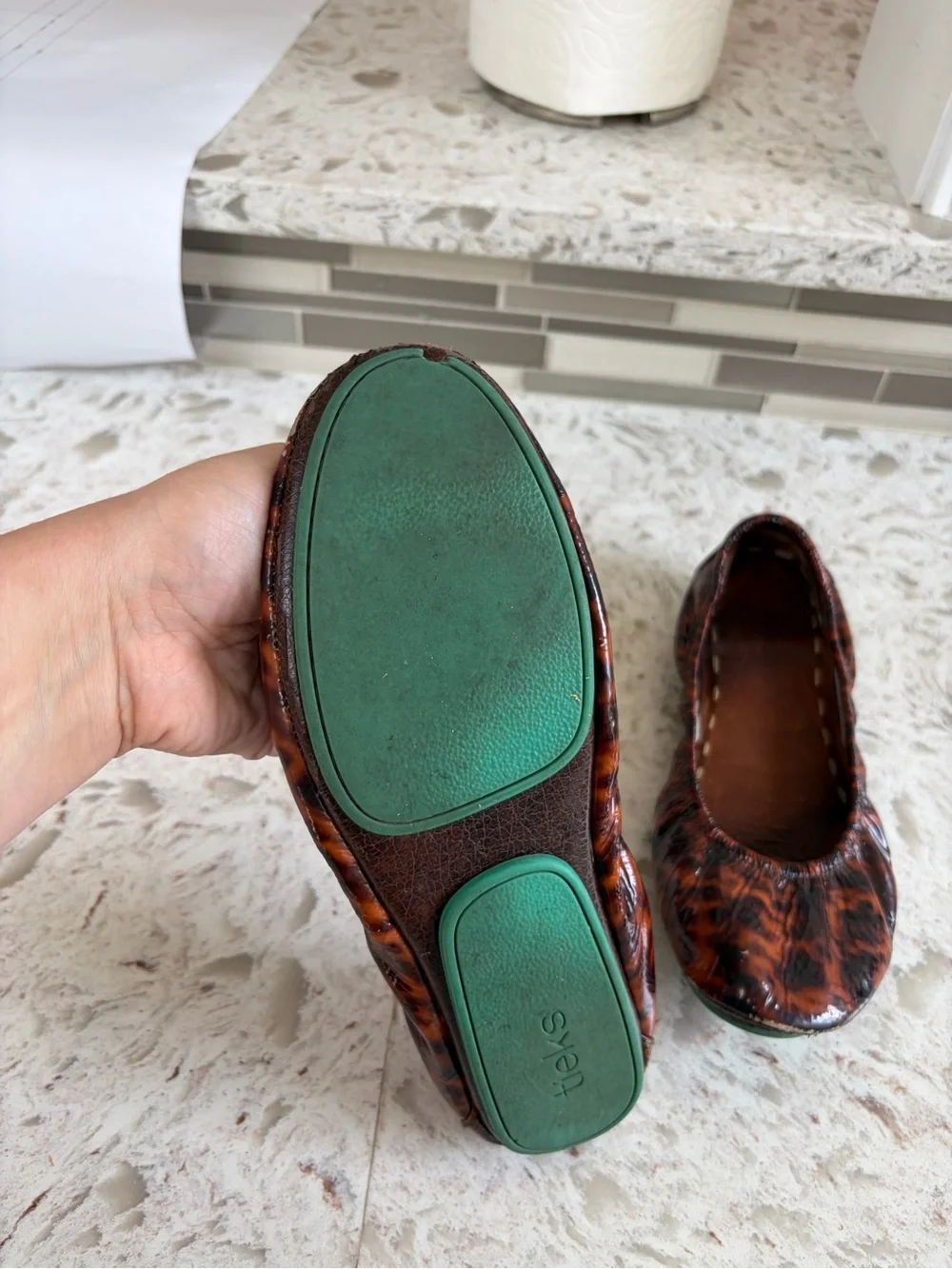 Tieks Tortoiseshell Patent Ballet Flat with Turquoise Sole